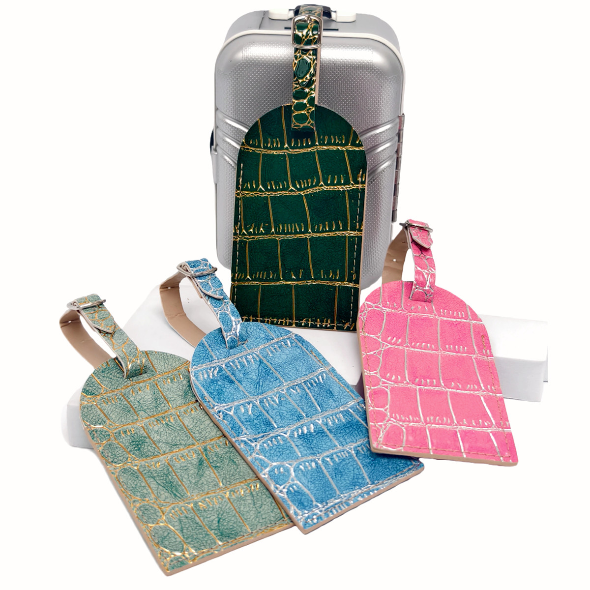 Travel Accessories List - Gepäckanhänger mit Krokodilprägung, gold-/silberfarbener Rand, Hängeanhänger,
