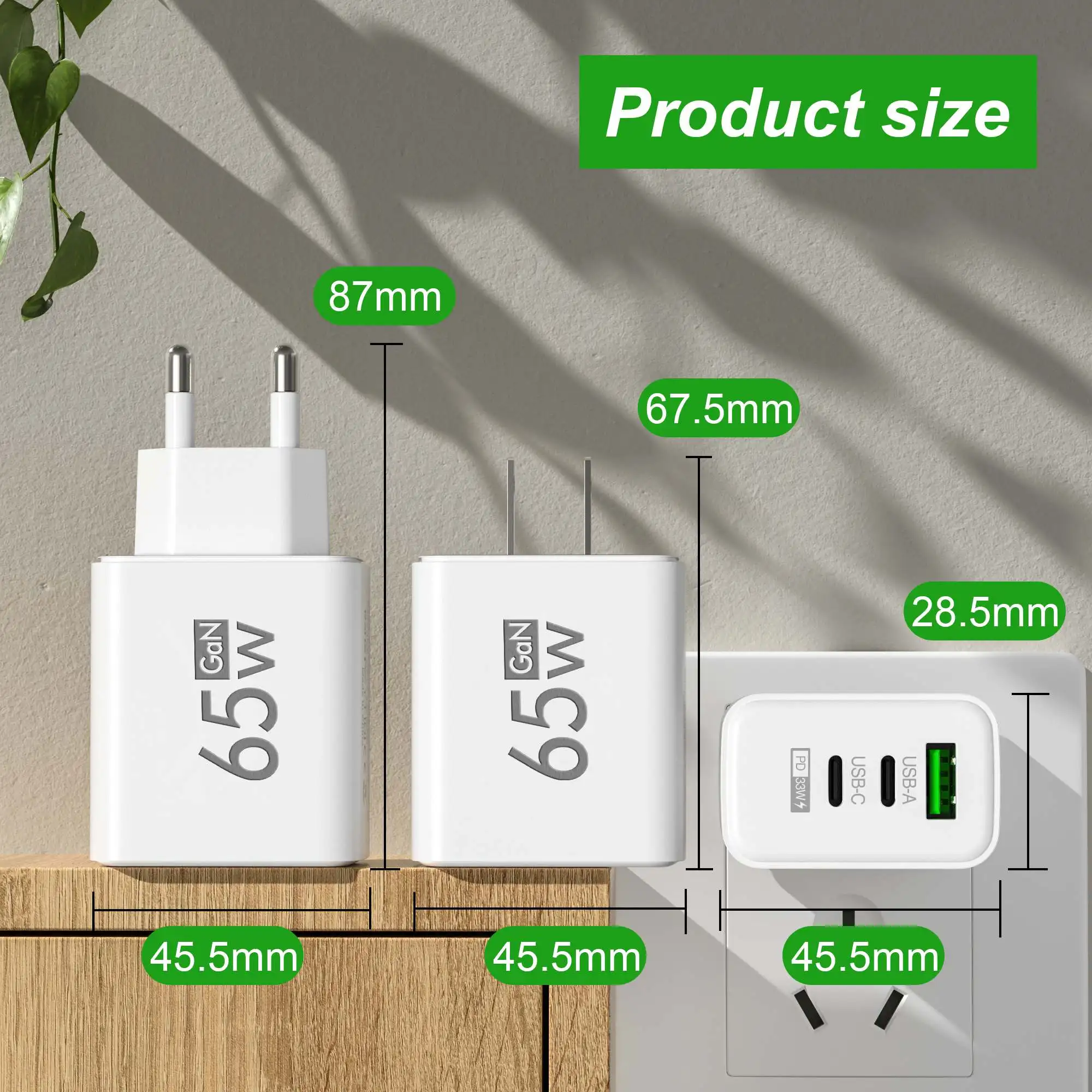 Travel Accessories Inc - Faltbares 65-W-GaN-USB-C-Wandladegerät mit 3 Anschlüssen, PD-Schnellladegerät,